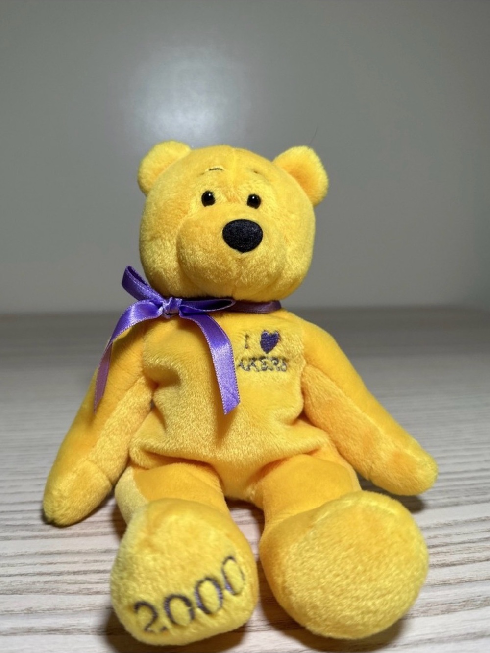 Lakers Yellow Plush Bear Toy with Purple Bow -